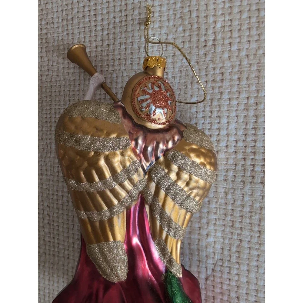 VTG Christmas Angel Ornament European Style Glass Hand Blown Horn Jeweled